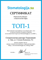 Сертификат клиники Стоматология доктора Томилиной